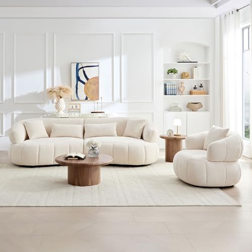 KEIKI 2-Piece Sectional Curved Oversized Sofa Set with 1 Boucle 4-Seater Sofa & 1 Single Sofa, Upholstered 5-Seater Couch Set with Textured Fabric & 5 Pillows, for Apartment, Living Room, Beige