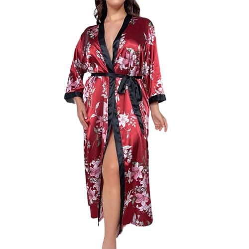 DUHENWU Camisón Mujer Satén Batas de Seda Kimono Albornoz para Novia Largas Damas de honor Boda Fiesta Loungewear Ropa de Dormir con Patrón Floral Plantas Cuello en Pijamas, O rojo., 3XL