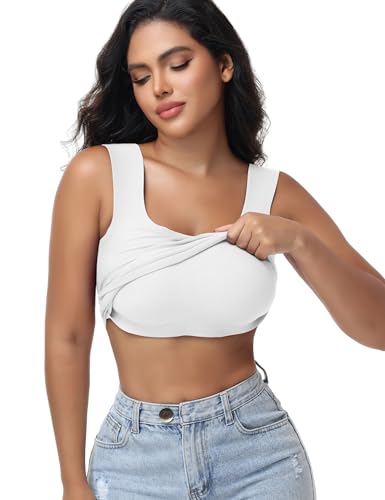 Women's Built-in Bra Tank Top Ribbed Slim Fit Wirefree Shelf Padded Tank Shirts Wide-Strap Square Neck - Main Image