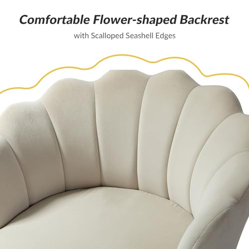 Image of HULALA HOME Modern Velvet Accent Chair with Shell Shaped Back, Cute Living Room Bedroom Armchair Sofa Chair with Gold Legs, Comfy Upholstered Vanity Chair for Makeup Room, Tan