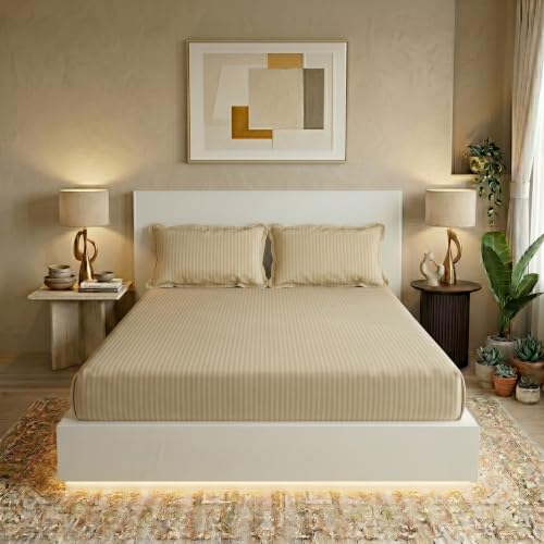 Image of Filymore Double Bed Bedsheet with 2 Pillow Covers, 300 TC Soft Microfiber Satin Striped Bedsheet, Cream Striped Bedcover for Double Bed, Breathable & Comfortable Bedding Set (90x90 Inches)