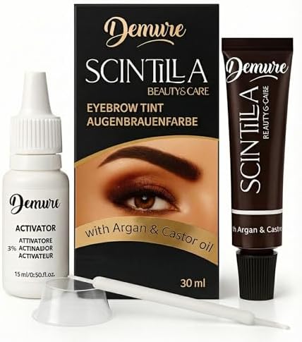 Demure Colore Sopracciglia, Colorante con Olio di Argan e di Ricino, Risultato Naturale e Duraturo Fino a 4 Settimane, Applicazione Rapida e Precisa (NERO 1.0)