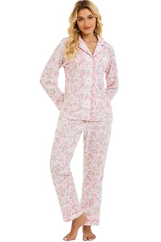 Image of LUBOT 100% Cotton Pajamas for Women Pajama Set 2 Piece PJ Sleepwear Set Soft Ladies Button Knit Long Sleeve Loungewear XS-XXL