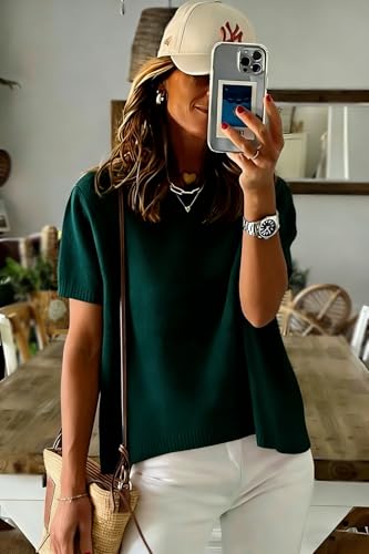 Image of Womens Short Sleeve Striped Color Block Crew Neck Sweater Shirt Lightweight Cotton Casual Summer Pullover Tops
