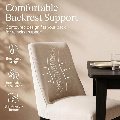 Image of HNY Modern Dining Chairs Set of 4 with Comfortable Back Support, Farmhouse Soft Linen Upholstered Dining Room Chairs with Black Solid Wood Legs, Armless Kitchen Side Chairs for Living Room, Beige