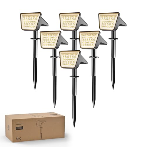 Philips 6 Stück Solarstrahler für Außen Garten, 28 LEDs 3000K Warmweiß Solarbetriebene Landschaftsbeleuchtung, Wasserdic...