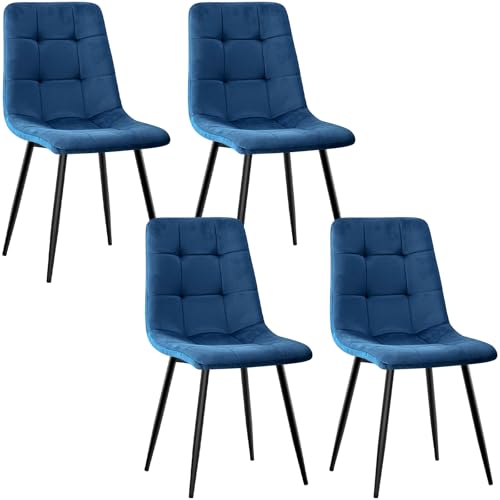 JIJIAN Pack de 4 Sillas de Comedor, Sillas de Cocina Tapizadas de Terciopelo con Patas de Metal Negro, Acolchadas con Diseño de Cuadros, para Cocina, Dormitorio y Recepción, Azul