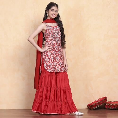 Image of BIBA Viscose Blend Printed Straight Formal Kurta With Sharara And Dupatta
