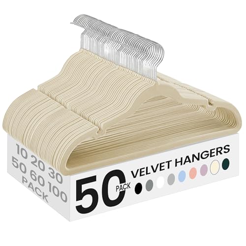 SONGMICS Velvet Hangers 50 Pack, Non-Slip Clothes Hangers with Shoulder Notches, Pants Bar, 360° Swivel Hook, Space-Saving, for Closet, Summer Sand UCRF029K05