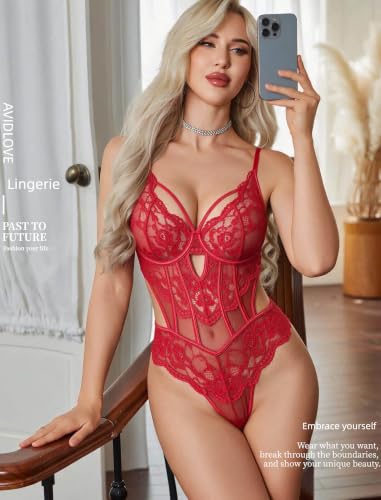 Image of Avidlove Sexy Lingerie for Women Lace Bodysuit Cut Out Snap Crotch Teddy | Seductive floral lace teddy, adjustable straps, scalloped edge, side cutouts, romantic date night wear