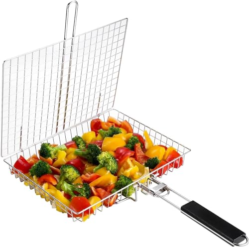 Grill Basket Extra Large, Portable Folding Stainless Steel BBQ Camping Grilling Rack for Fish, Vegetables, Shrimp, Barbeque Griller Cooking Accessories, Grilling Gifts for Men, Dad