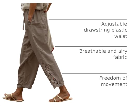 Image of Women Casual Lightweight Drawstring Elastic Waist Cropped Linen Pants Fall Spring Slacks Capri Pants Trendy Fashion 2026 Beach Trousers with Pockets Khaki Large