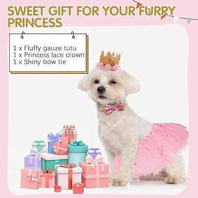 BINGPET Small Dog Wedding Outfit Dress, Dog Cat Tutu Engagement Flower Collar and Crown Veil Set for Girl Dogs, Puppy Wedding Attire Bride Birthday Party Costume for Kittens, Pet Photo Prop, Pink Star