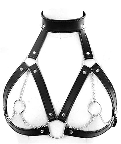 Liangliang Women's Faux Leather Harness Punk Gothic Metal Chain Tassel Body Caged Lock Bra Strap