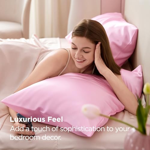 Image of Bedsure Satin Pillowcase for Hair and Skin Queen, Similar to Silk Pillow Cases, Valentine Pillow Covers Set of 2 with Envelope Closure, Pink Room Decor Essentials, Gifts for Women Girls 20x30 Inches