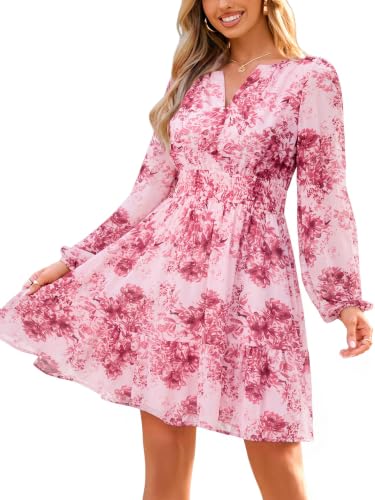 Image of Simplee Womens Spring Floral Mini Dress Long Sleeve Boho Chiffon Short Dress Casual Flowy Fall Wedding Guest Dresses