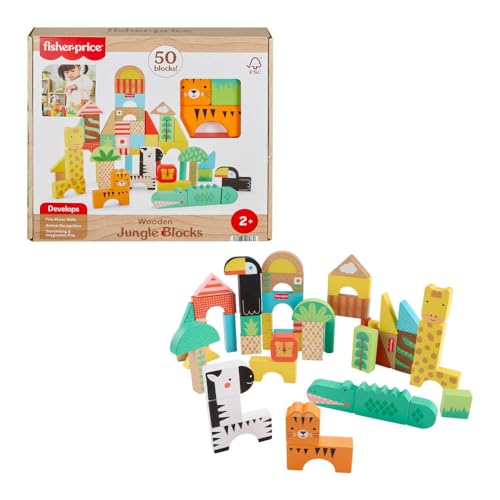 Fisher-Price Wood Toddler Toy Jungle Blocks, 50-Piece Wooden Animal Building Set for Preschool Pretend Play Kids Ages 2+ Years