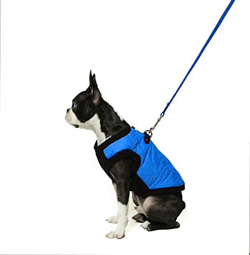 Image of Gooby Fashion Vest Dog Jacket, Blue, Large | Quilted bomber, water-resistant; Stretch knit bottom; Dual D-ring leash; Pain-free zipper guard; Warm