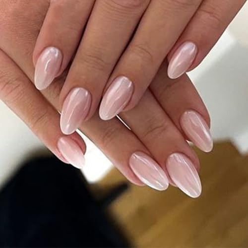 YOSOMMK Nude Fake Nails Short Almond Press on Nails with Cat Eye Designs Pearlescent Glue on Acrylic Nails Glossy Full Cover False Nails for Women and Girls — view 3