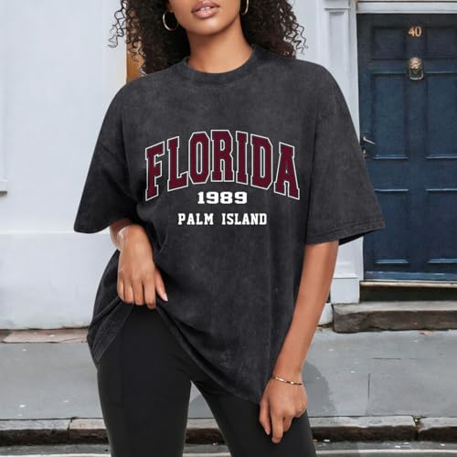 Image of Florida Beach Hawaiian T Shirts for Women Vintage Graphic Tees Acid Wash Oversized Tshirt Summer Cotton Tops