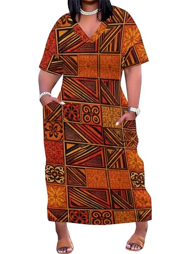Image of Plus Size Maxi Dress for Women Short Sleeve V Neck Casual Loose Sundress with Pockets