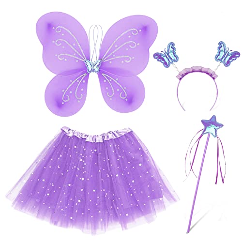 Capaneus Déguisement Papillon Fille,Violet Deguisement Fee Fille,Costume Papillon Enfant Set - Ailes, Baguette, Serre-Tête et Tutu Cover