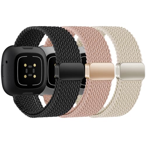 Image of HSWAI Magnetic Braided Compatible with Fitbit Versa 4 Bands for Women /Versa 3 /Sense /Sense 2 Bands, Soft Stretchy Sport Strap Woven Loop Elastic Nylon Wristbands Men
