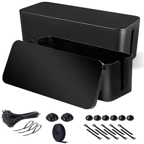 Ofrdncy 2 Pack Large Cable Management Box Cord Organizer Box and Cover for TV Wires Computer Router USB Hub and Under Desk Power Strip Safe ABS Material and Baby-Pets Proof Lock (Black)