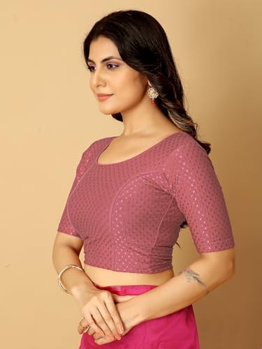 Image of Amazon Brand - Anarva Round Neck Dobby Cotton Lycra Stretchable Elbow Half Sleeve Readymade Saree Blouse for Women Stylish