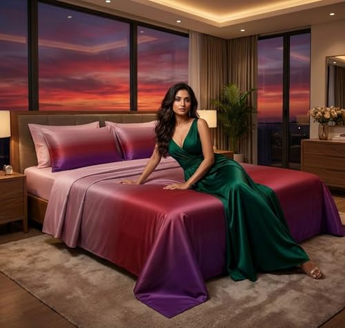 Image of SANMARINO King Size Bedsheet with 2 Pillow Covers, 300 TC UltraSatin Premium Bedding Set, Aesthetic Home Decor, Ideal Gift for Couples, Wedding, Anniversary & Special Occasions - Berry Wine Ombre