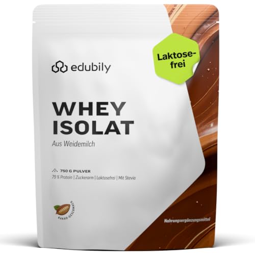 edubily® Whey Protein Isolat - Laktosefrei - Sehr gut lösliches Eiweißpulver ohne Kohlenhydrate & Zucker - Aus irischer Weidehaltung (750 g, Kakao mit Stevia)