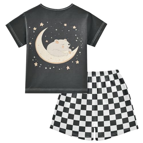 Checkerboard Plaid Bear Moon Black Pajama Set Short Sleeve Summer Pajamas Shorts Sets PJ Clothes Set Soft 5Y2