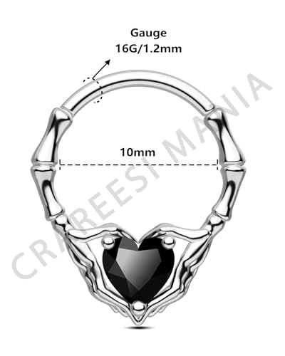 CM Crareesi Mania Skeleton Hand Septum Ring 316L Surgical Steel Septum Piercing Jewelry 16G Heart CZ Daith Earrings 10mm Gothic Helix Cartilage Piercing Jewelry for Halloween3