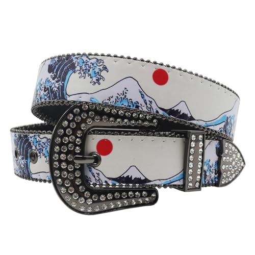 Unisex Studded Belt With Red Sun Snow Mountain Print Strap & Rhinestones Buckle3
