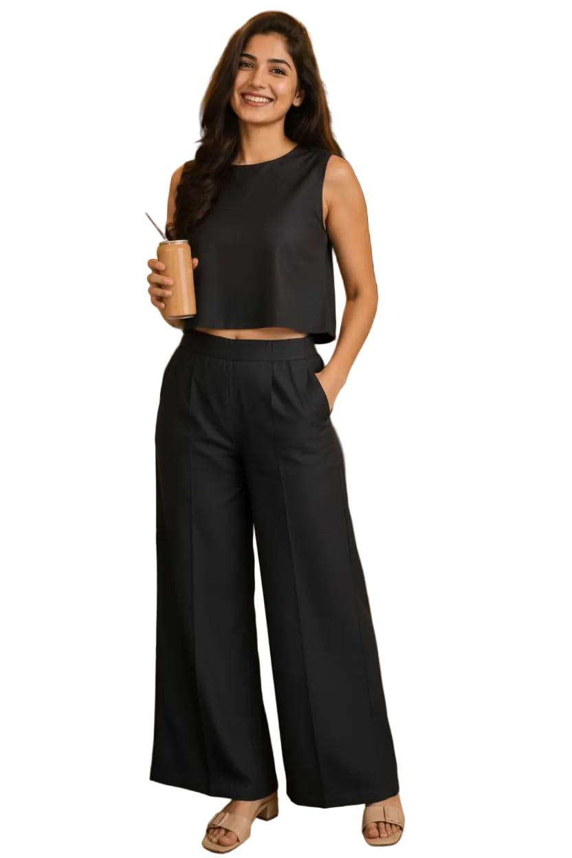 natural fab Women's Black Mal Mal Cotton Co-Ord Set, Sleeveless Crop Top with Wide Leg Pants-picture-40