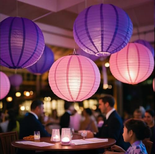 Image of Purple Pink Paper Lanterns Decorative 15pcs Party Hanging Decorations for Bachelorette Wedding Birthday Baby Shower Graduation Anniversary Lavender Themed Room Decor