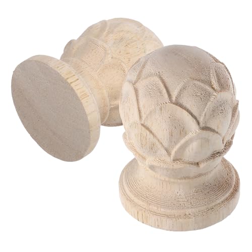 HOOWIFFY 2pcs Decorative Wood Carved Finial Post Tops for Fence and Stair Poles, Unfinished Wooden Lotus Pillar Caps, 4x6cm Oval Shape, Home Décor Hardware for Outdoor and Indoor Use