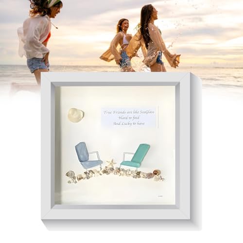 Slipasikao Seaglass Beach Chairs,Friendship Sea Glass - Good Friend is Lucky to Have,Handmade Sea Glass Wall Art Decor, Friendship Sea Glass Artwork,Sea Glass Art Frame Gift for Best Friends (1)