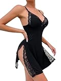 Foxiny Sexy Split Side Floral Lace Trim Full Slip Night Gown Babydoll Lingerie Dress with Thong 2 Piece Women High Slit Cami Nightgown Pajamas Set Nighty Sleep Wear Black Medium