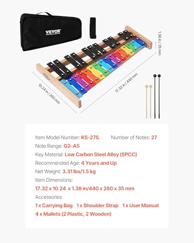 Image of VEVOR Glockenspiel Xylophone, 27 Notes, Professional Xylophone Percussion Instrument, with Colorful Metal Keys, Includes 4 Mallets, Carrying Bag, Beginner Musical Instrument Kit for Adults and Kids