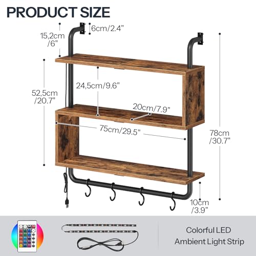 Image of HOOBRO Floating Shelves with LED Lights, 29.5 inch LED Wall Mounted Gaming Shelf, 3-Tier Pipe Display Rack with Hanging Rod and 4 S-Hooks, for Storage Livingroom, Bedroom, Rustic Brown and Black BF21DBJ01