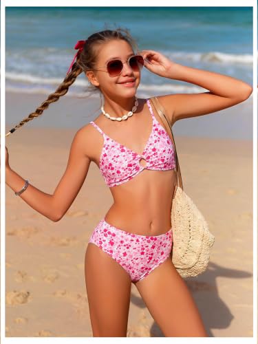 Image of OYOANGLE Girl's 3 Piece Bikini Sets Floral Print Spaghetti Straps Cute Swimsuits with Beach Skirt Bathing Suits