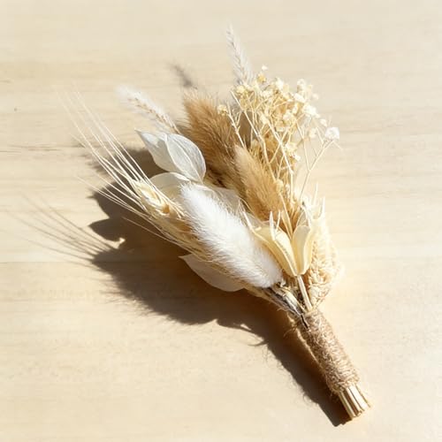 Dried Flower Bouquet,Mini Natural Corsage with Real Dried Gypsophila and Pampas DWUENT Handmade Boho Wedding Corsage,Bridesmaid Gift,Party Decoration in Cream & Beige (D)