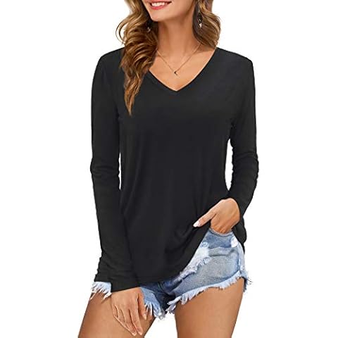 Amoretu Womens Long Sleeve Tops Casual Plain V Neck Tshirts Loose Fit Black L Cover