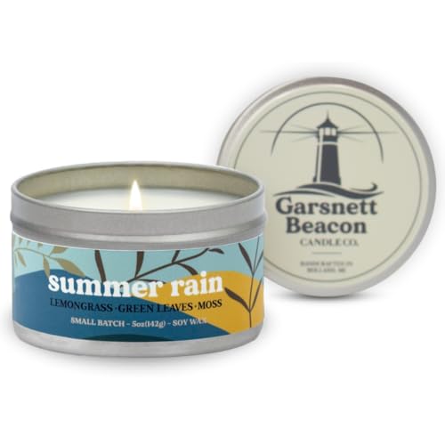 Summer Rain Soy Candle | Fresh Cut Grass, Rain Water Scented Candle | Great for Home, Office | 100% Natural Soy Wax - 30+ Hour Burn Time | Handcrafted by Garsnett Beacon Candle Co. in The USA