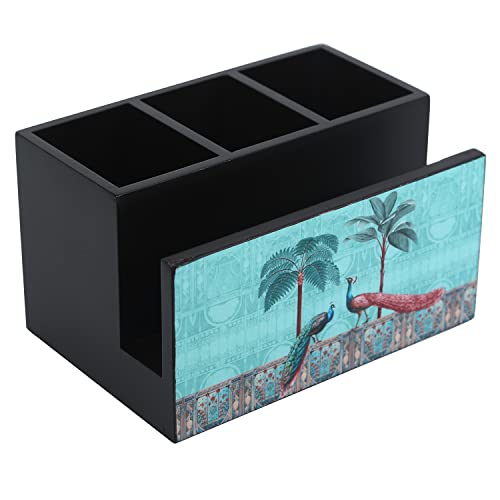 Image of Reinvention Factory Wooden Cutlery Holder I Countertop Organizer - Spoon Fork Knife Napkin Tissue Paper I Desk Supplies Pencil Pen Stationery Stand I Home & Kitchen I Size 7 inch X 5 inch X 4 inch Peacock