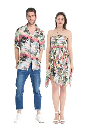 Matchable Couple Hawaiian Luau Shirt or Fairy Dress in Sunset Neon