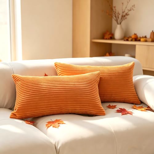Demetex Lumbar Fall Pillow Covers 12x20 Set of 2 Orange Throw Pillows for Couch Decorative Corduroy Pillowcases for Living Room Sofa Chair Decor, 12 x 20 inch, Orange