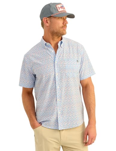 HUK Men's Standard Kona Pattern Short Sleeve Fishing Button Down Shirt, Ocean Blue 2.0
