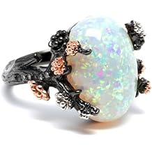 Henrietta Simulated White Fire Opal Ring for Women by Ginger Lyne | Gothic Elven Black and Rose Gold Plated Accents Tree Branch Setting with Cubic Zirconia | Fantasy Promise Statement Jewelry